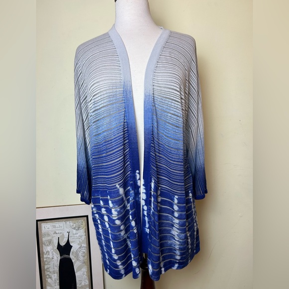 Chicos Travelers Cardigan Open Size 3 Blue Tie Dye Ombre Komono Sleeves - Picture 1 of 7